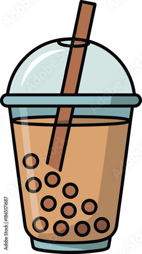 Bubble tea drink illustration isolated on white background, milk tea with tapioca pearls cup icon for cafe beverage menu design