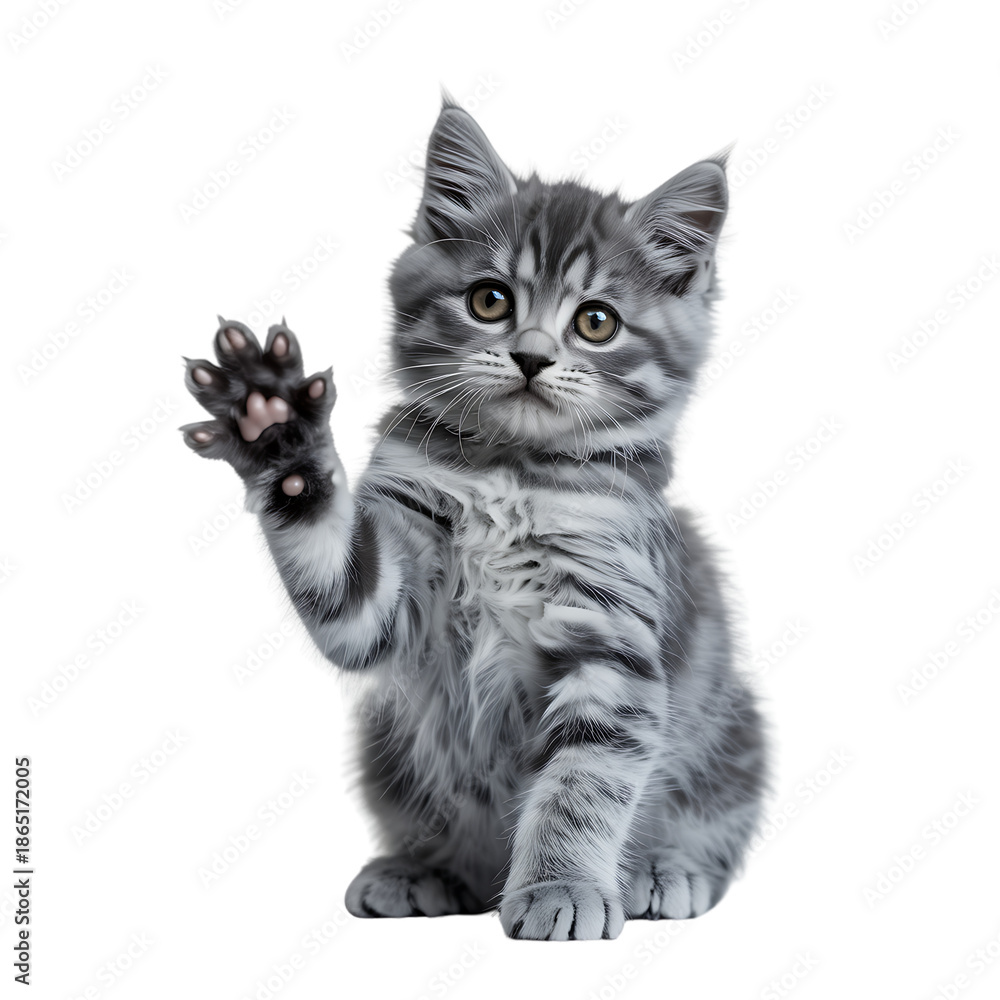 Fototapeta premium Adorable fluffy grey kitten waving its paw hello