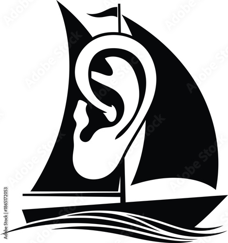 Silhouette of sailboat with human ear sail listening concept