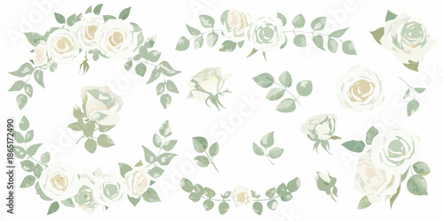 Elegant arrangement of white roses and green foliage in a floral design