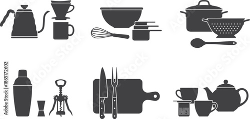 Classic Kitchen Equipment Silhouette Vector Icons Set for Cooking, Baking, Barware and Food Preparation Designs