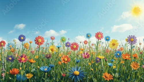 Vibr Pageant Floral Landscape with Color Pageant Flowers in Lush Green Field under Bright Sunshine 