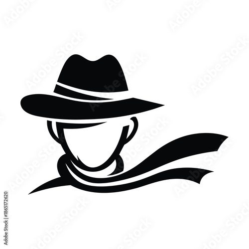 Stylized mystery man silhouette in fedora hat & scarf. Cowboy, bandit or detective vector logo mascot. Black head icon.