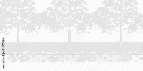 A grayscale illustration depicts a park scene with trees and a pathway