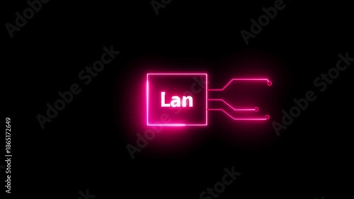 Lan- text neon  bright magenta red color animation on black background.  Rectangle frame neon text letter animation.