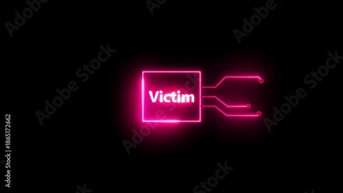 Victim- text neon  bright magenta red color animation on black background.  Rectangle frame neon text letter animation.