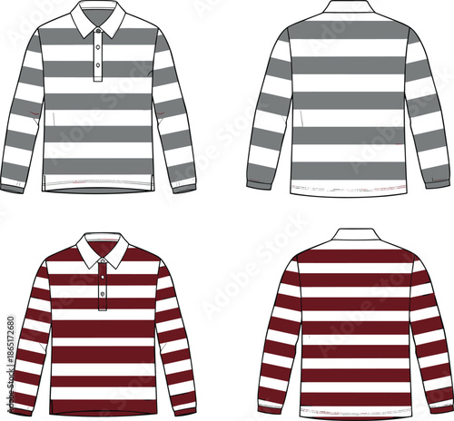 Striped long sleeve polo shirt technical fashion illustration showing front and back views in multiple color variations isolated on white background
