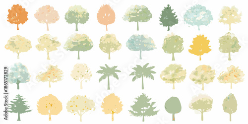Collection of watercolor trees in various shapes and colors on a white background