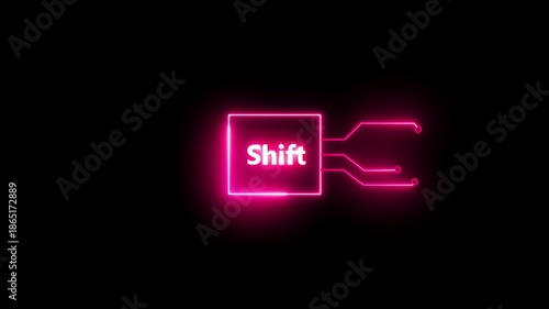 Shift- text neon bright magenta red color animation on black background.  Rectangle frame neon text letter animation.