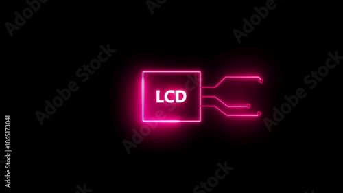 LCD- text neon bright magenta red color animation on black background.  Rectangle frame neon text letter animation.