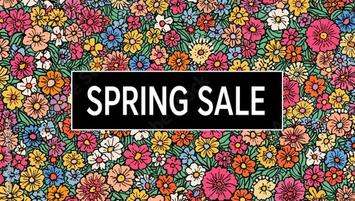 Vibrant Spring Floral Pattern Background with 'SPRING SALE' Banner - Colorful Flowers Illustration ...