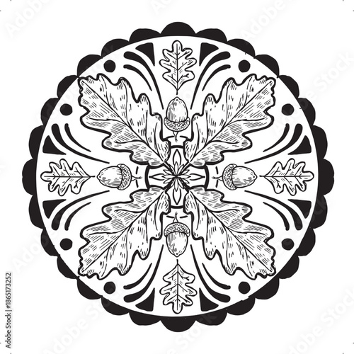 Dutch folk art design of hex symbol drawn with oak leaves in a scalloped edged pattern design for decoration, barn painting and country living