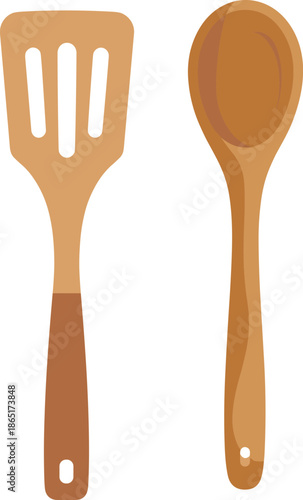 Wooden kitchen utensils, slotted spatula and spoon, rustic cooking tools, natural wood, eco-friendly, kitchenware, culinary essentials, handcrafted, durable hanging handles