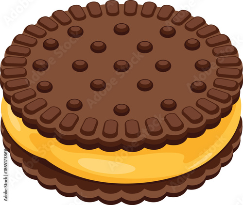 A round chocolate cookie with a crisscross pattern and a creamy yellow filling