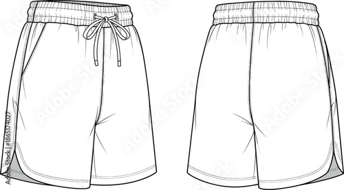 Men athletic shorts technical fashion sketch showing front and back views with drawstring waistband isolated on white background for apparel design