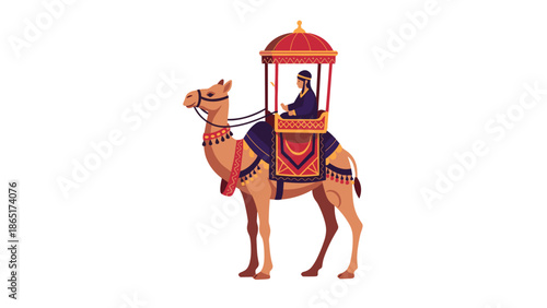 Person riding a luxuriously adorned camel with a vibrant canopy, depicting traditional Middle Eastern travel or a festive parade.