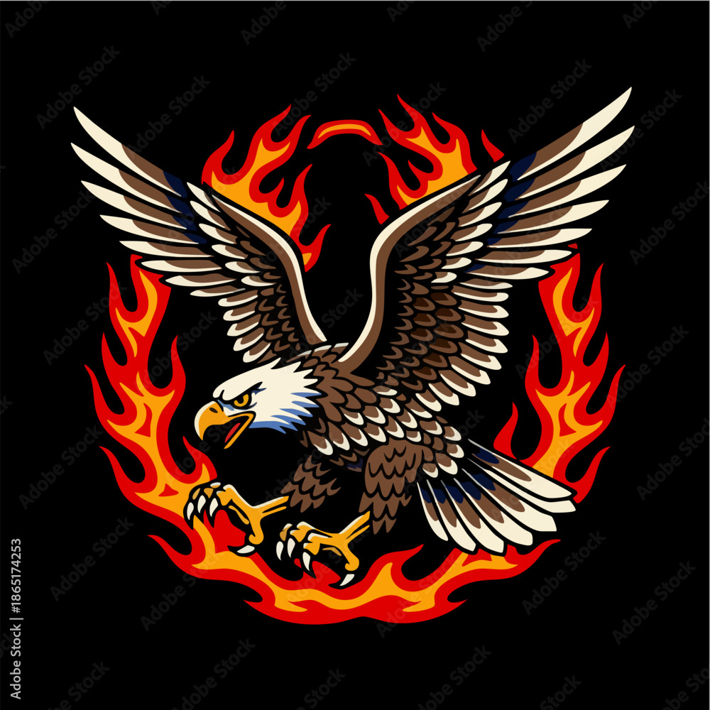 Fototapeta premium Stylized American Eagle Flying Surrounded by Flames Graphic