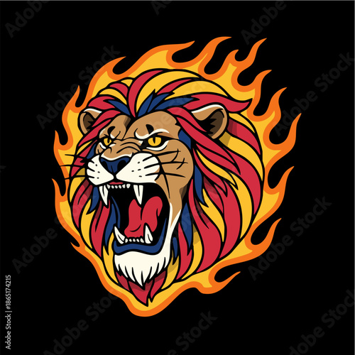 Furious roaring lion mascot head graphic with flames.