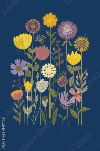 Vibrant Vector Floral Illustration of Color Page Page başında Tulips, Page Page başında Daisies, and Wildflowers on Navy Blue Background