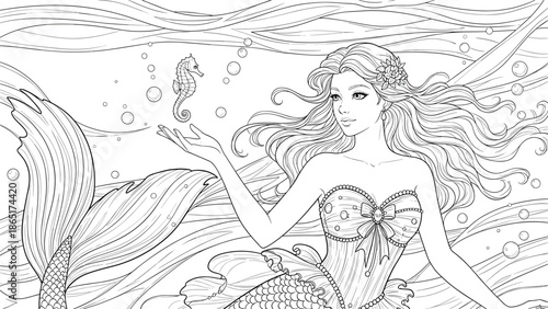 Black and white mermaid line art illustration, mythical siren touching seahorse underwater, decorative fantasy coloring page, elegant flowing hair design.