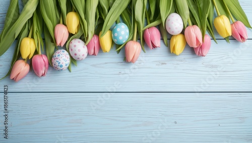 Vibrant Easter Tulips with Decorated Eggs on Soft Blue Wooden Background - Spring Floral Arrangement...