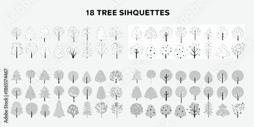 Collection of eighteen diverse tree silhouettes in a minimalist graphical style