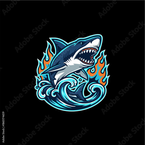 Stylized Shark Mascot Jumping from Water Waves with Fire Flames