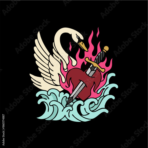 Classic Swan and Flaming Heart Tattoo Graphic Vector Design