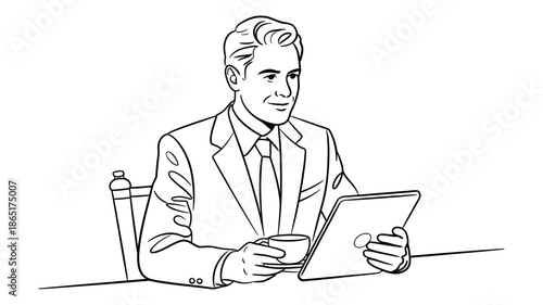 A professional businessman reviewing content on a tablet while enjoying a hot beverage