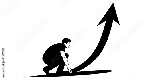 Man in a crouched starting position ready to propel towards an upward trajectory of growth
