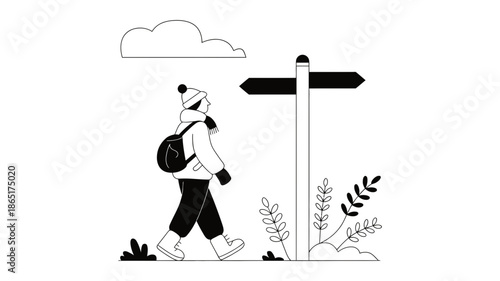 Person walking at a crossroads with a signpost, contemplating direction or journey
