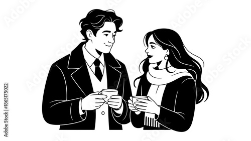 A charming illustration of a couple enjoying warm beverages and a heartfelt conversation