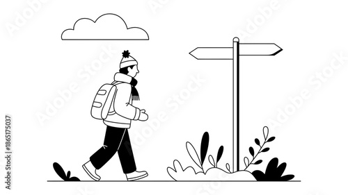 A person with a backpack walks past a direction signpost, contemplating a journey or path
