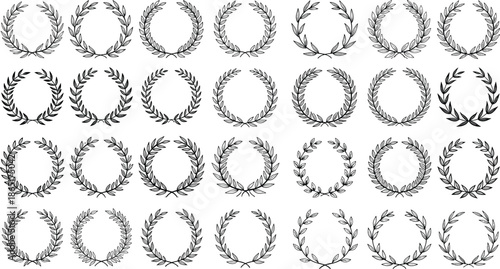 Laurel wreath icon set, 30 black vector designs, victory and honor symbols, flat illustration grid, ceremonial graphic elements