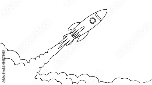 Simple line art illustration of a rocket ship taking off with smoke, symbolizing new beginnings