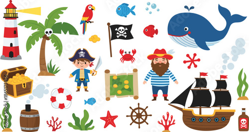 Pirate adventure icon set with ship, treasure, characters, marine life, cartoon-style vector illustration, fantasy and exploration theme