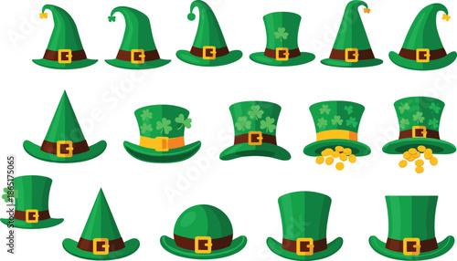St. Patrick’s Day green hat icon set, festive Irish headwear collection, cartoon-style vector illustration, holiday celebration theme