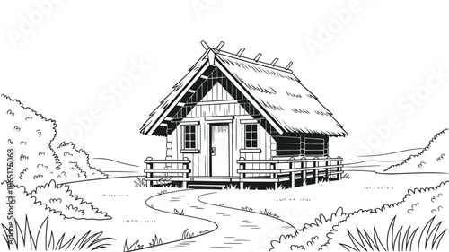 A rustic wooden house with a thatched roof in a peaceful natural setting