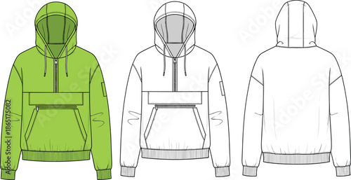 Technical fashion illustration of hooded sweatshirt, front and back views, garment design details, flat vector drawing, apparel template