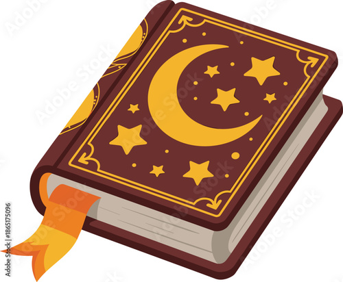 Brown and gold book with a crescent moon and stars on the cover and an orange ribbon bookmark