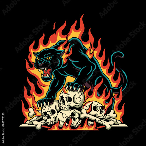 Furious Black Panther on Skulls Surrounded by Intense Flames