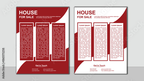 House for Sale Real Estate Flyer Template Design in Red and White Color, Modern Property Promotion Poster, Professional Real Estate Marketing Layout for Print and Social Media Advertising
