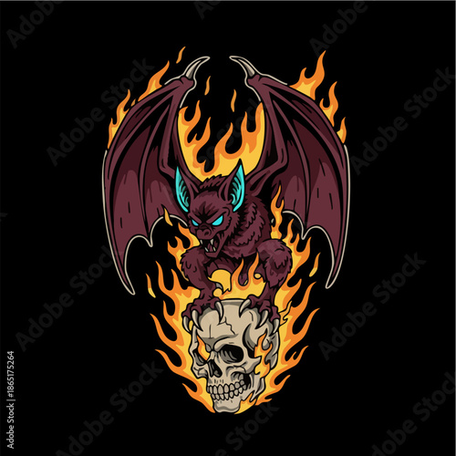 Gothic Gargoyle Creature on Flaming Skull Vector Art