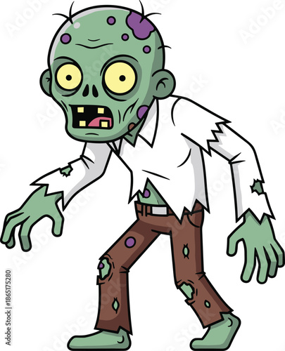 Cartoon zombie character illustration with torn clothes and creepy expression isolated on white background for Halloween horror fantasy and game design concepts