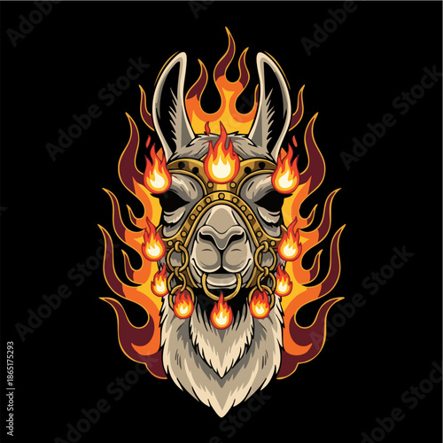Mystical Fire Llama Head Vector Art Illustration Design