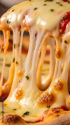 Hot Melting Cheese Stretch Macro Detail of Freshly Baked Pizza