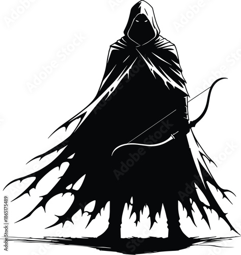 Black silhouette of hooded archer with tattered cloak holding bow, mysterious hooded figure in dramatic pose, fantasy rogue character vector illustration.