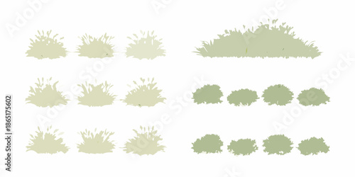 Collection of various green bushes and grassy tufts in different shapes