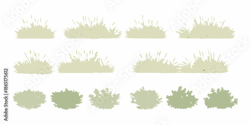 A collection of soft green grass tufts and shrubbery presented on a white background
