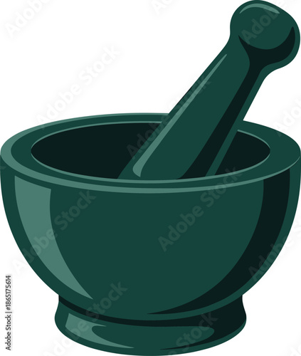Green mortar and pestle illustration for herbal medicine, pharmacy, kitchen tools, Ayurveda concept, isolated white background, flat vector design